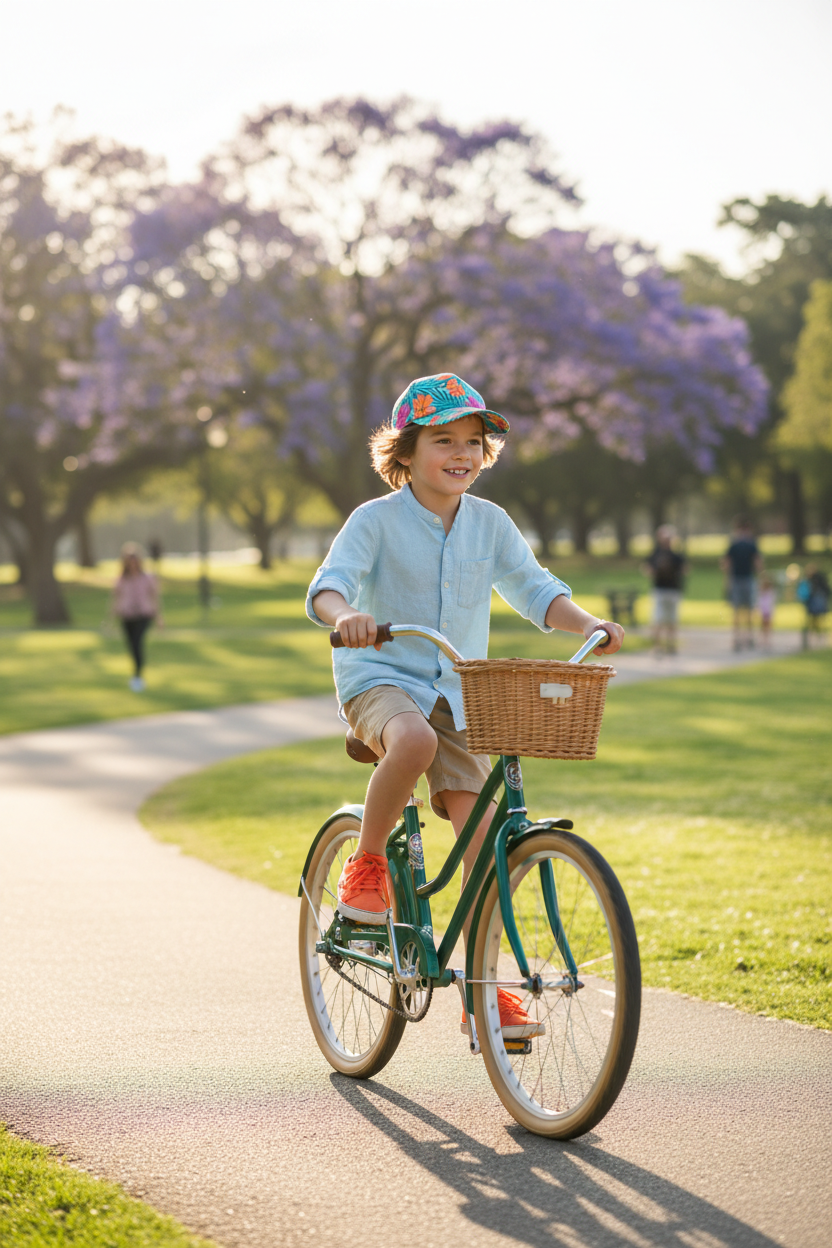Boy wearing tropical cap riding bike in park