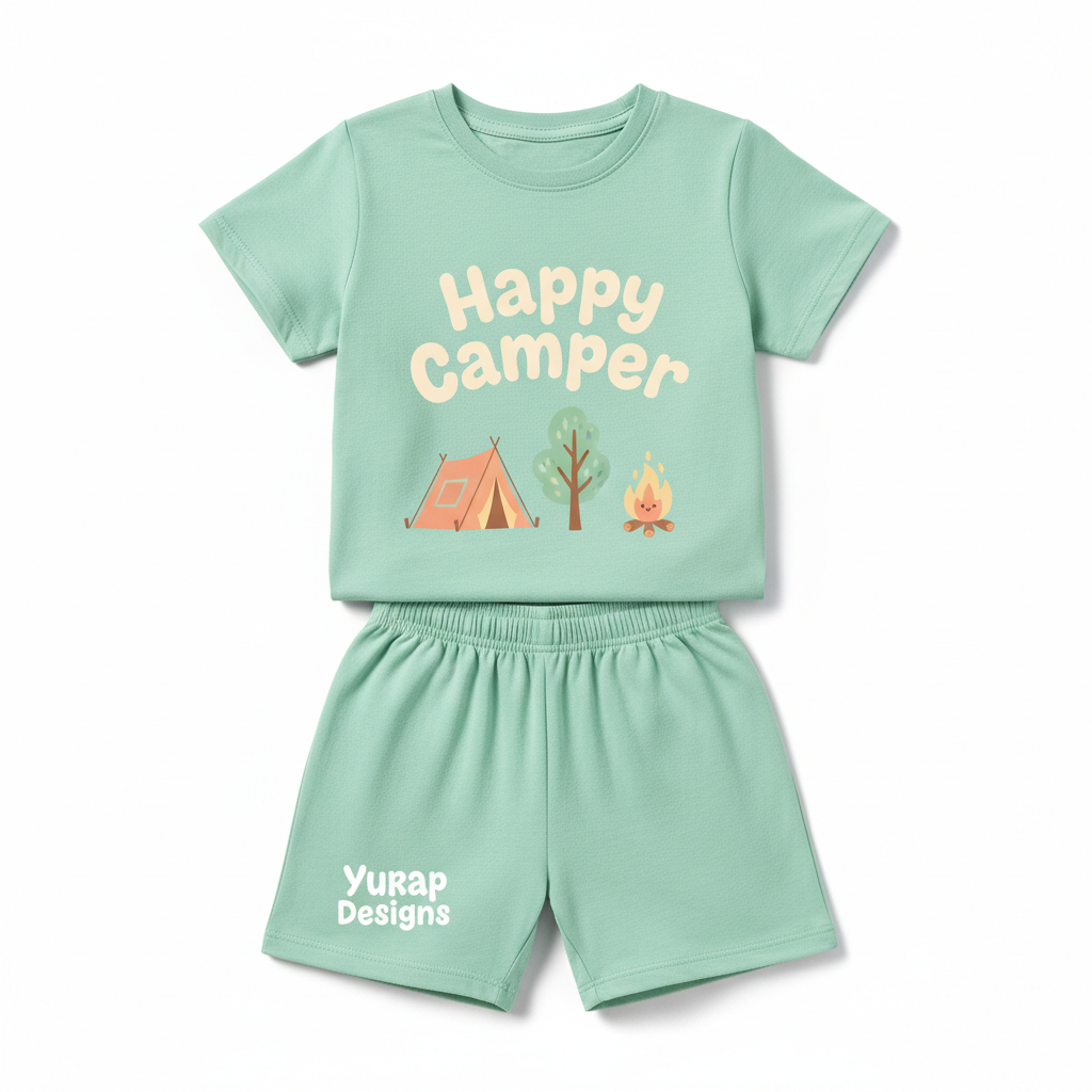Happy Camper pastel mint green kids' short set front view