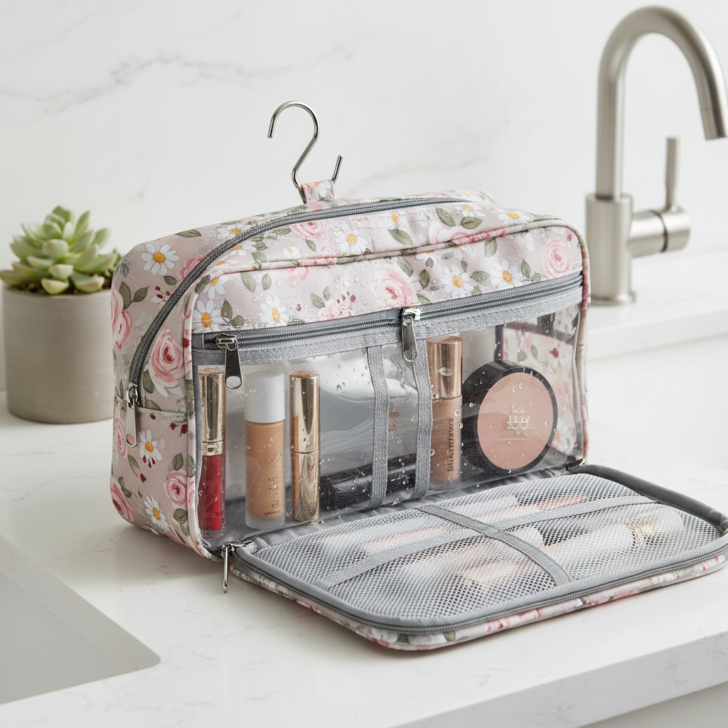 Waterproof floral toiletry bag open on bathroom counter