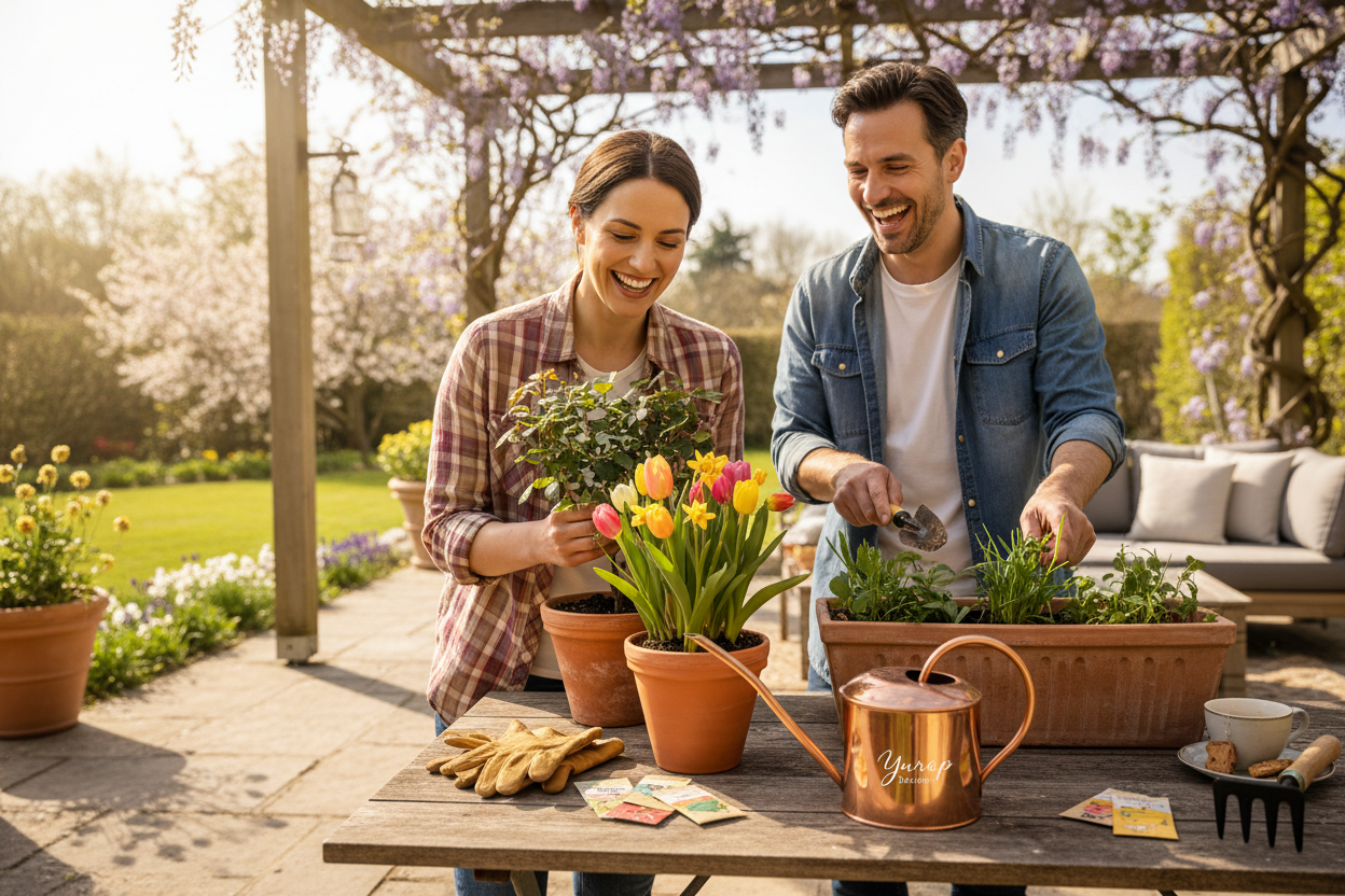 Couple gardening with spring watering can