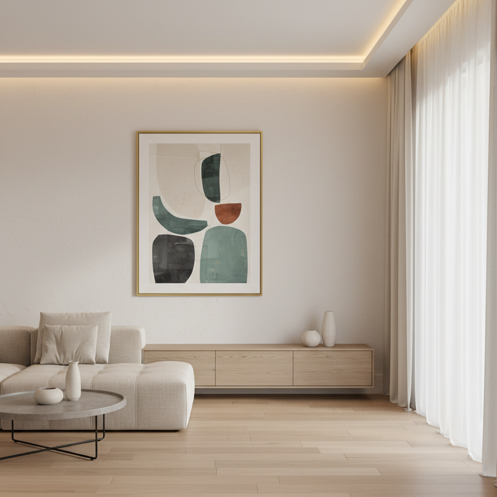 Modern abstract canvas wall art hanging on minimalist living room wall