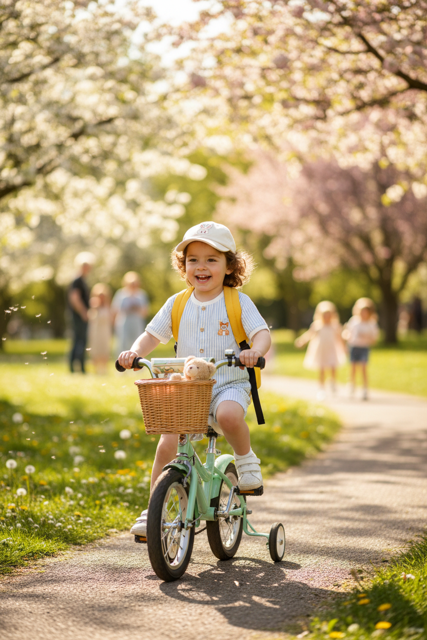 Child wearing spring bundle riding bike
