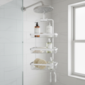 Stainless steel shower caddy hanging in shower