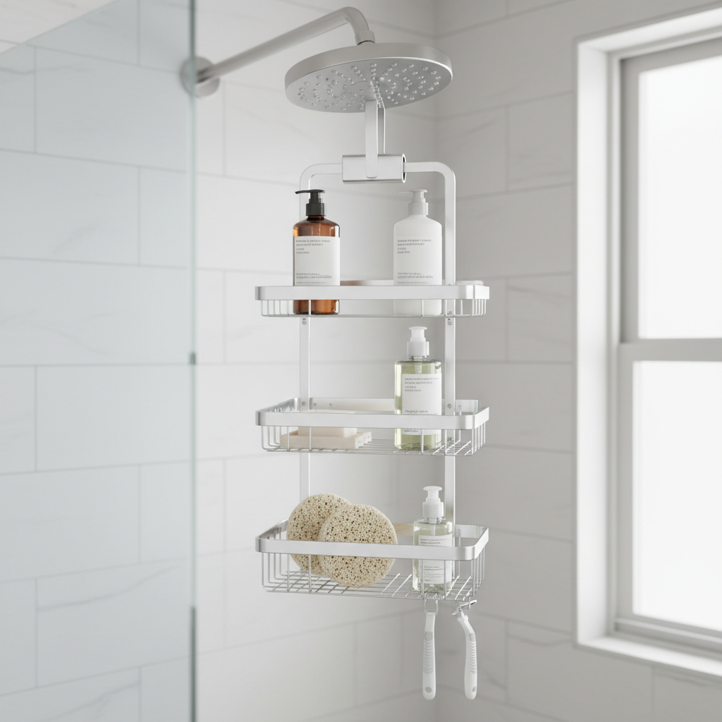 Stainless steel shower caddy hanging in shower