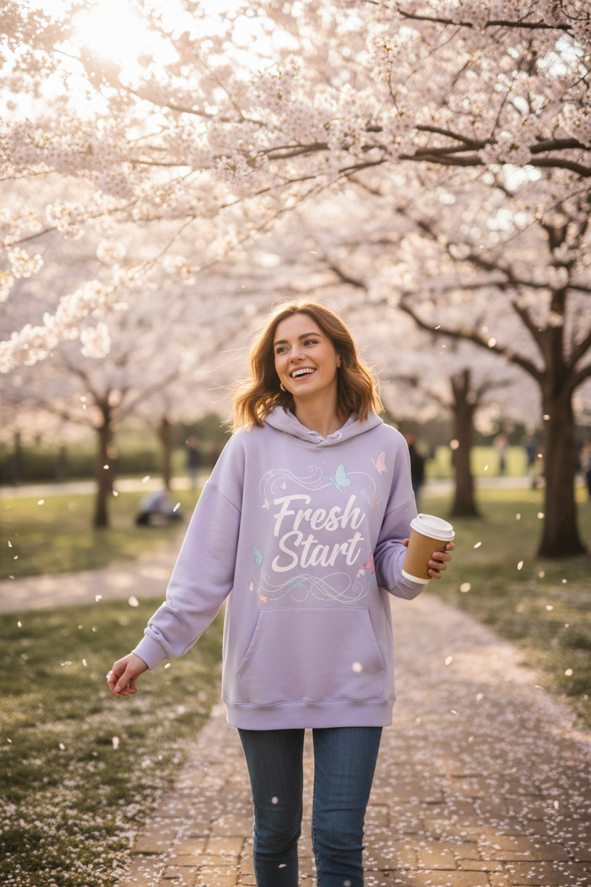 Model wearing Fresh Start lavender hoodie in spring park