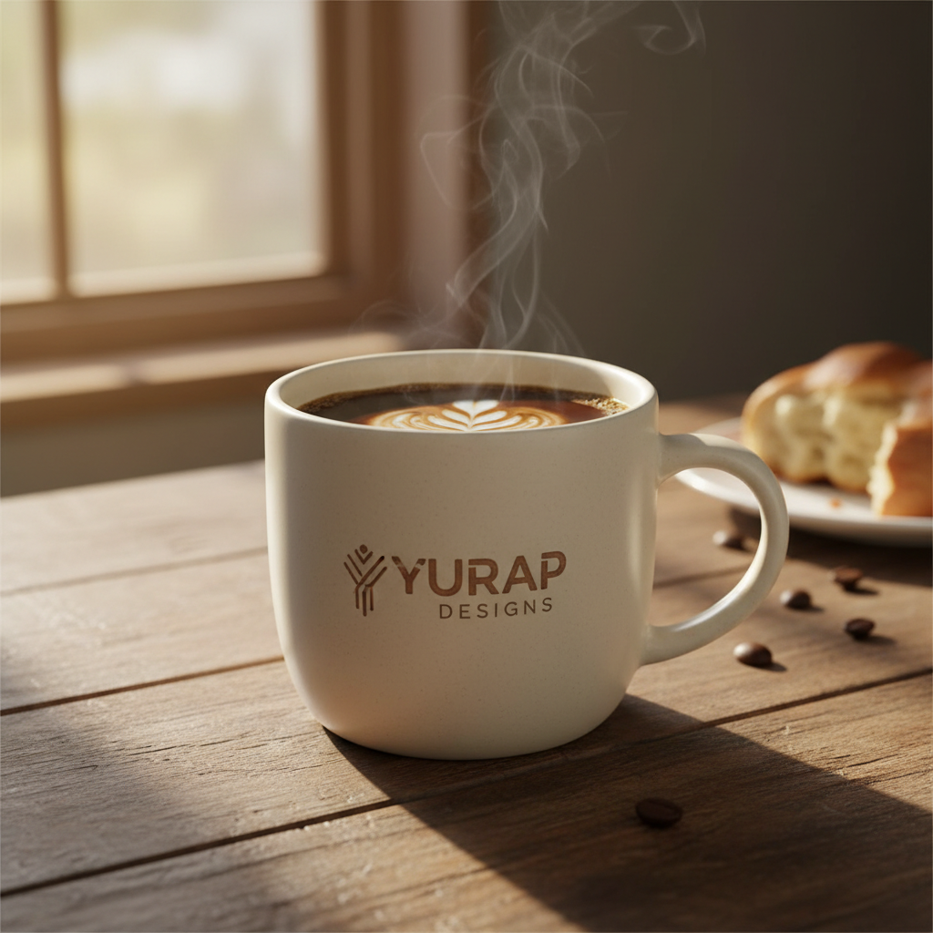 Ceramic coffee mug with Yurap Designs logo filled with coffee on wooden table