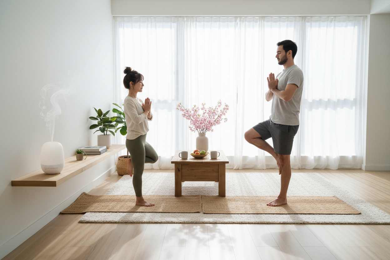 Couple with spring diffuser during yoga