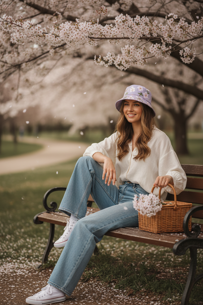 Woman wearing lilac bucket hat in park with cherry blossoms