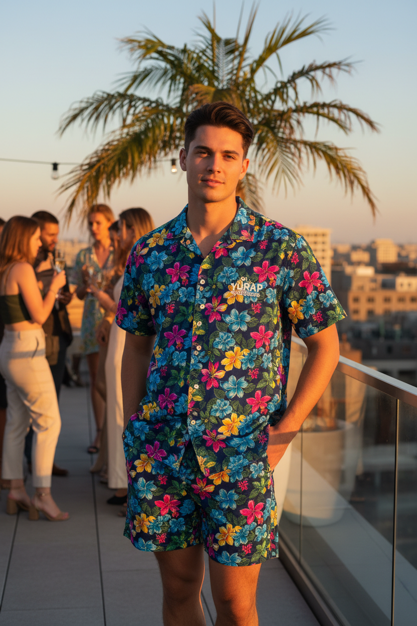 Man wearing Paradise Nights short set at rooftop party