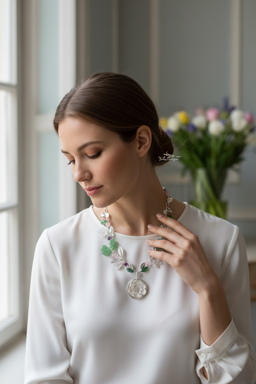 Woman wearing spring botanical necklace