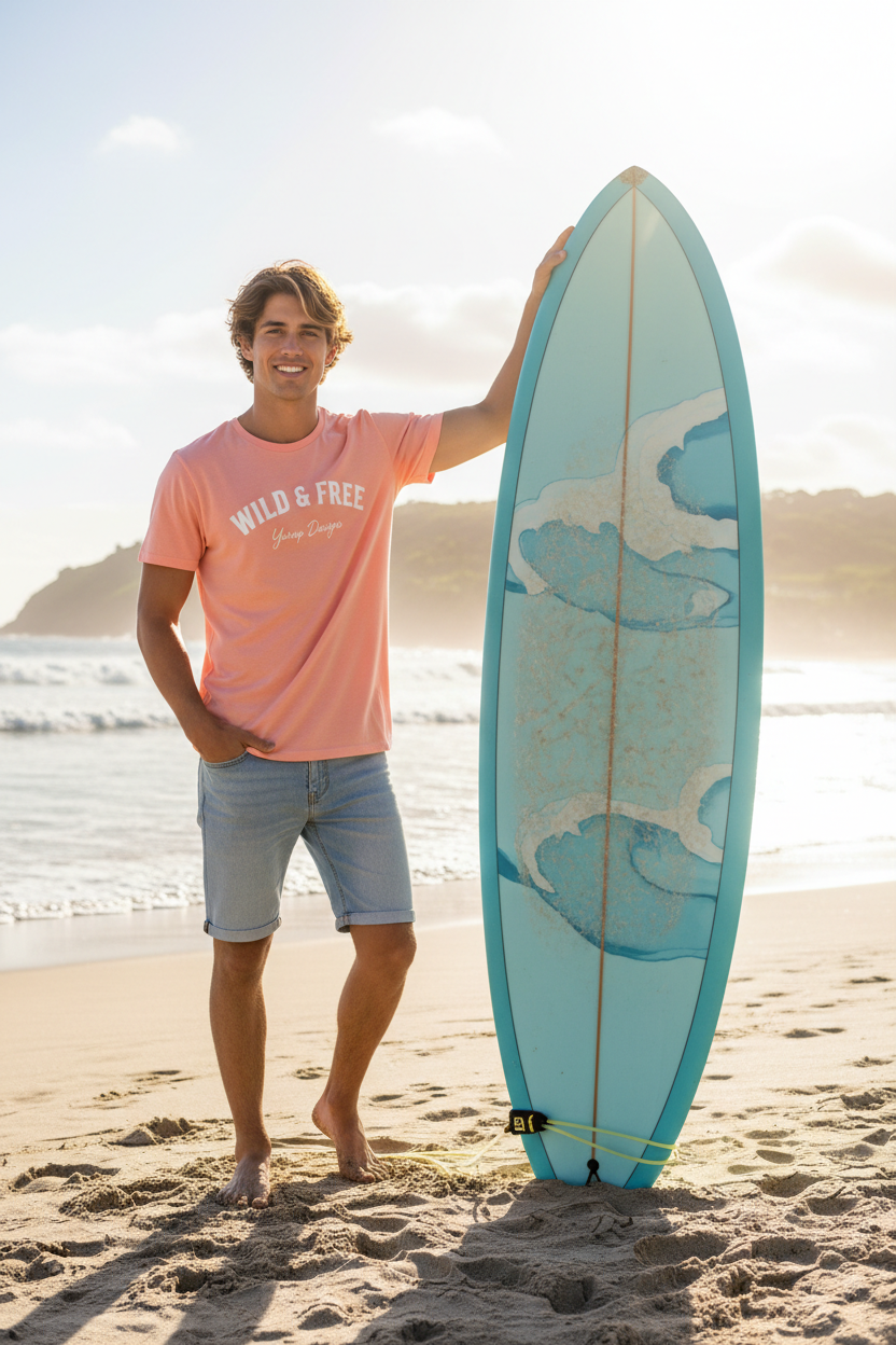 Man wearing Wild & Free tee at the beach