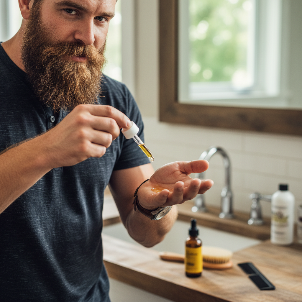 Man applying beard oil
