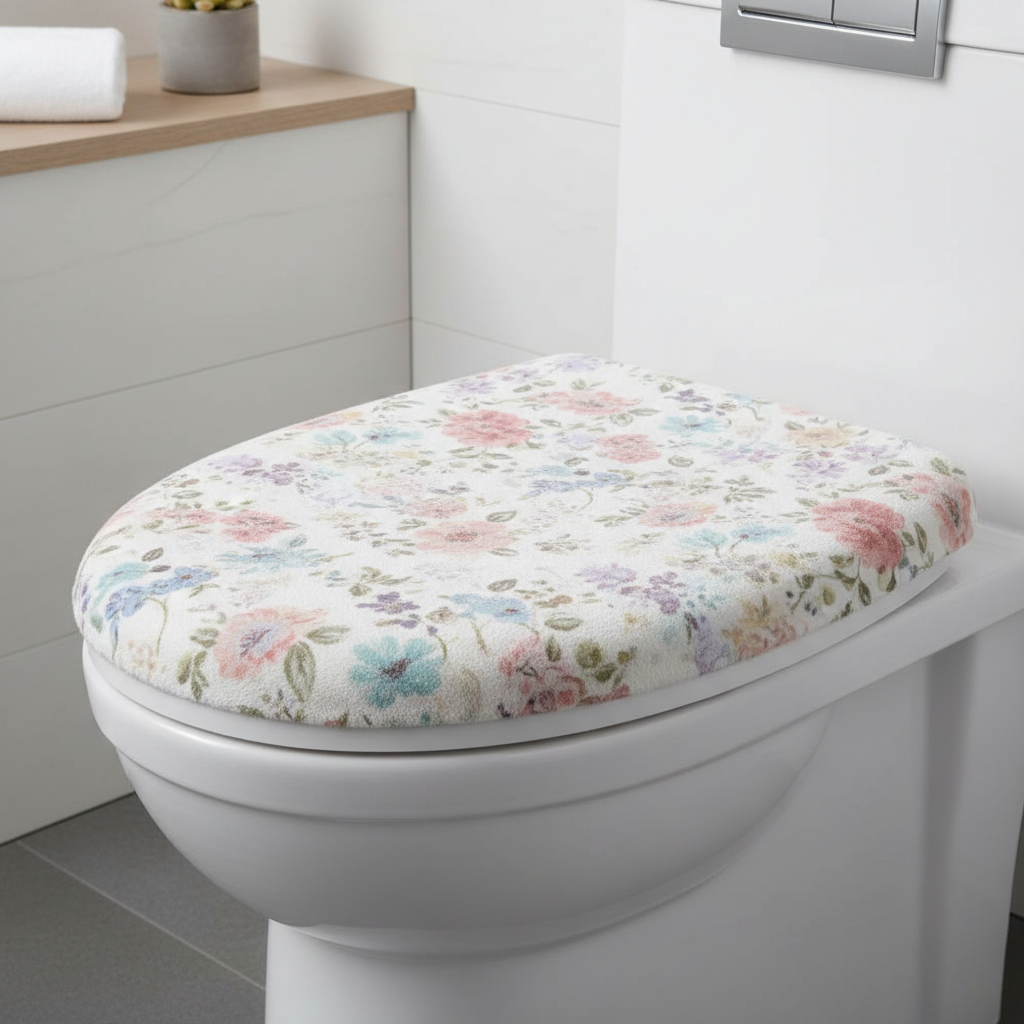 Floral plush toilet seat cover on toilet