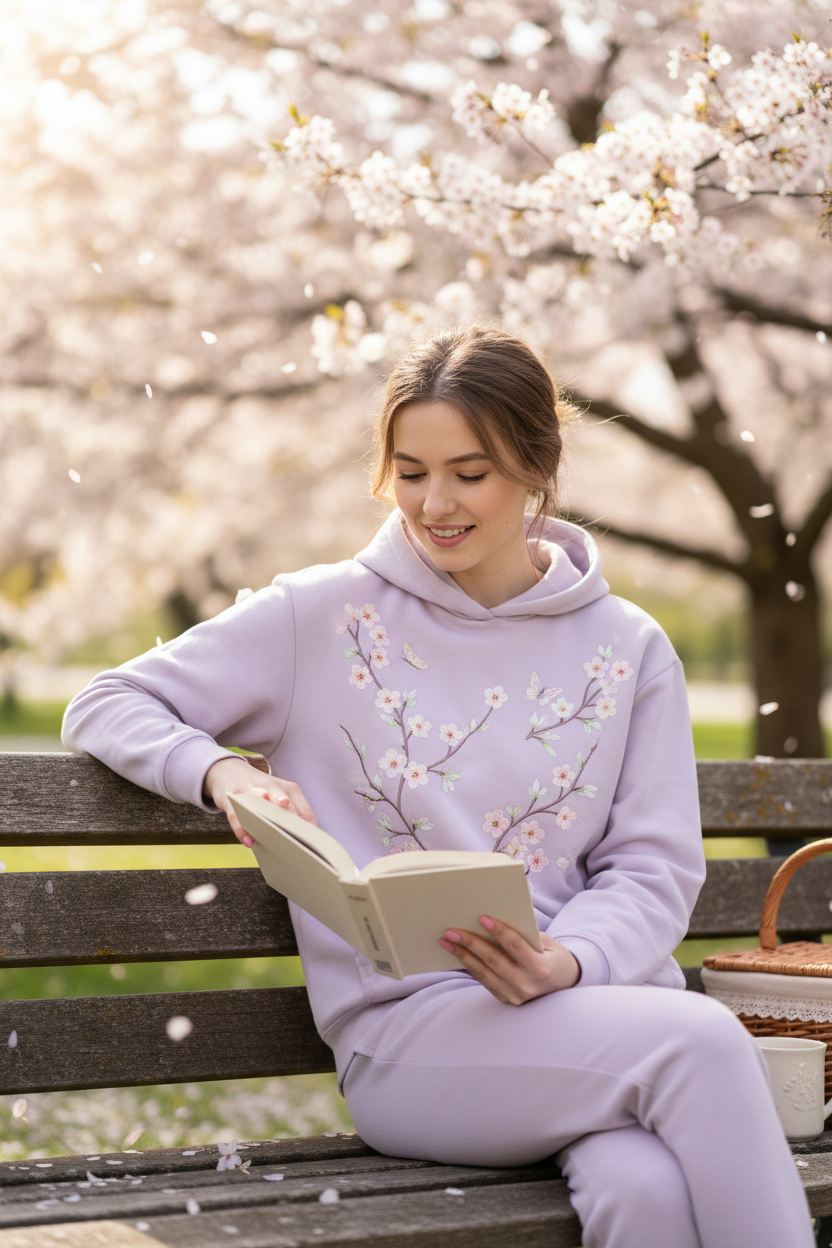 Model wearing Fresh Start hoodie sitting on park bench