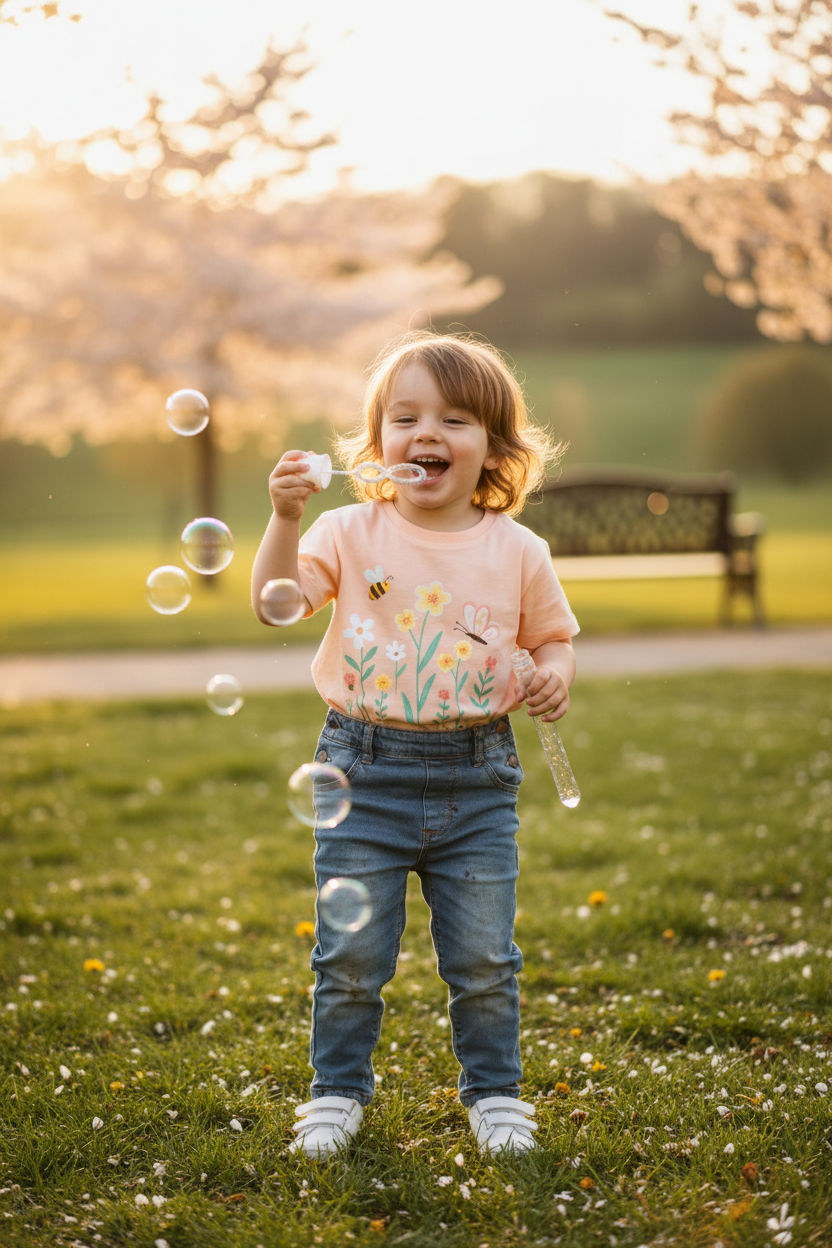 Child wearing peach tee blowing bubbles in park