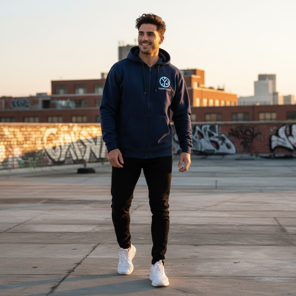 Yurap Designs navy blue zip-up hoodie jacket worn outdoors