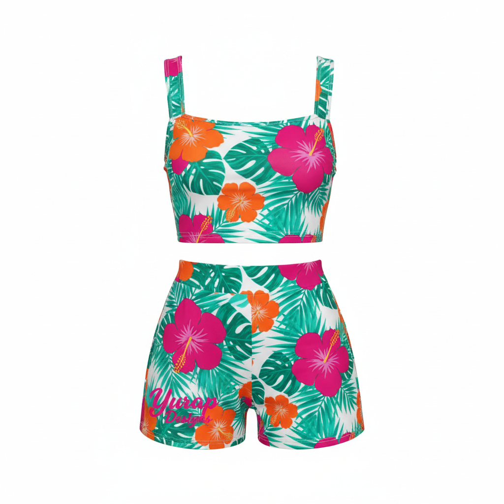 Tropical Bloom vibrant hibiscus short set front view