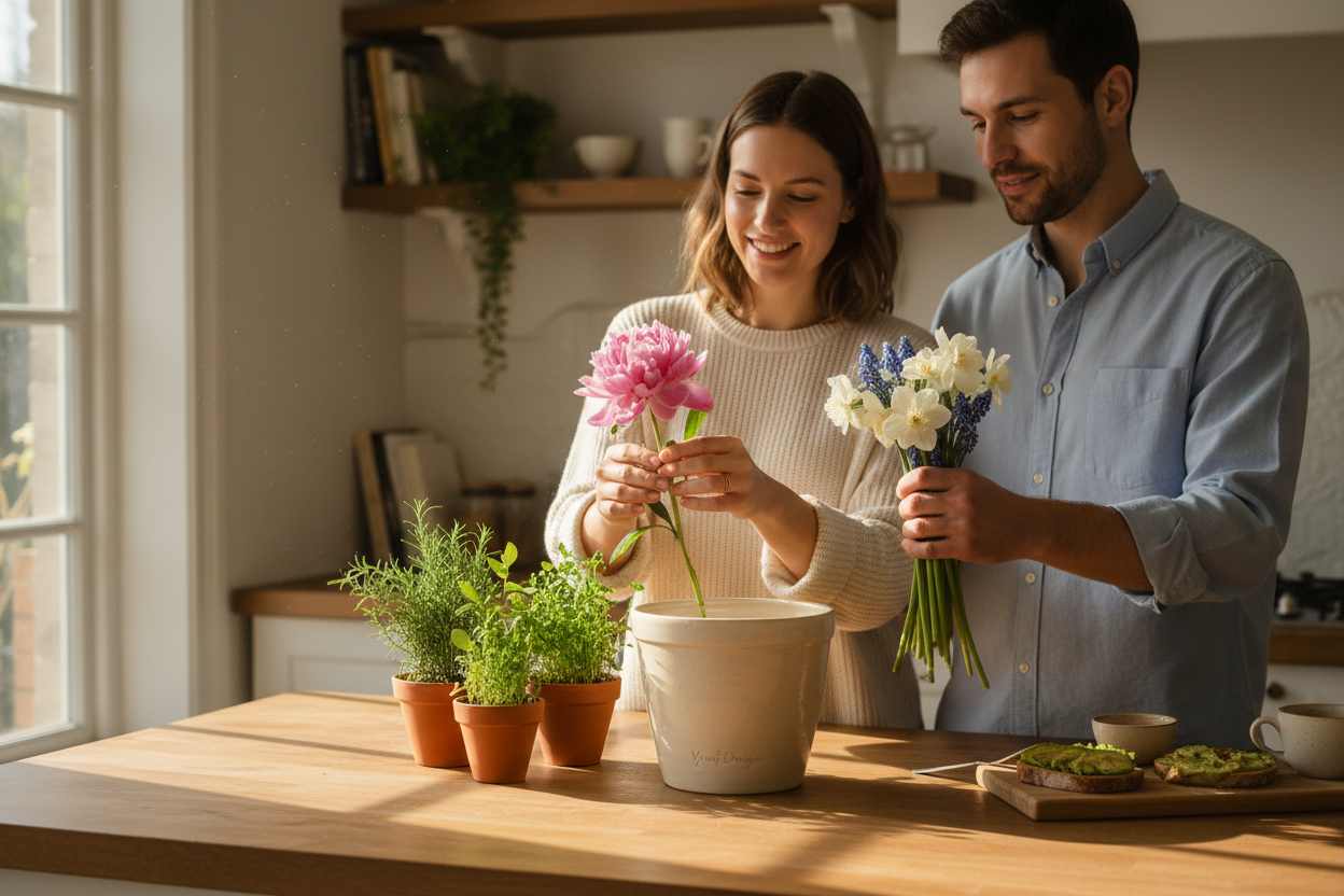 Couple with spring ceramic planter