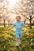Child wearing Little Explorer short set playing in spring park