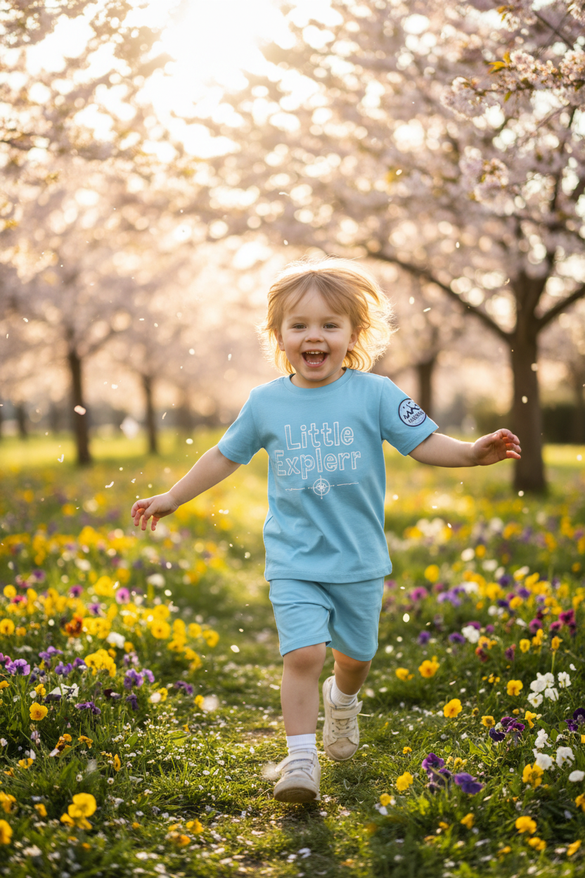 Child wearing Little Explorer short set playing in spring park