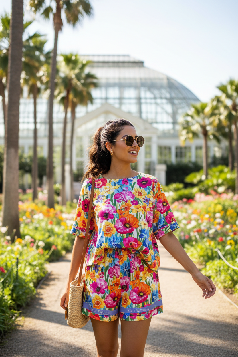 Woman wearing Floral Paradise short set in botanical garden