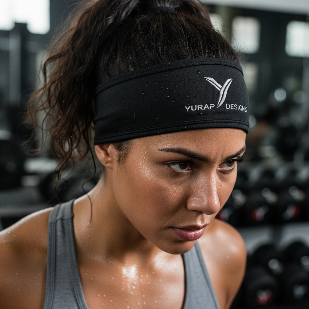 Yurap Designs athletic headband sweatband with logo worn during workout