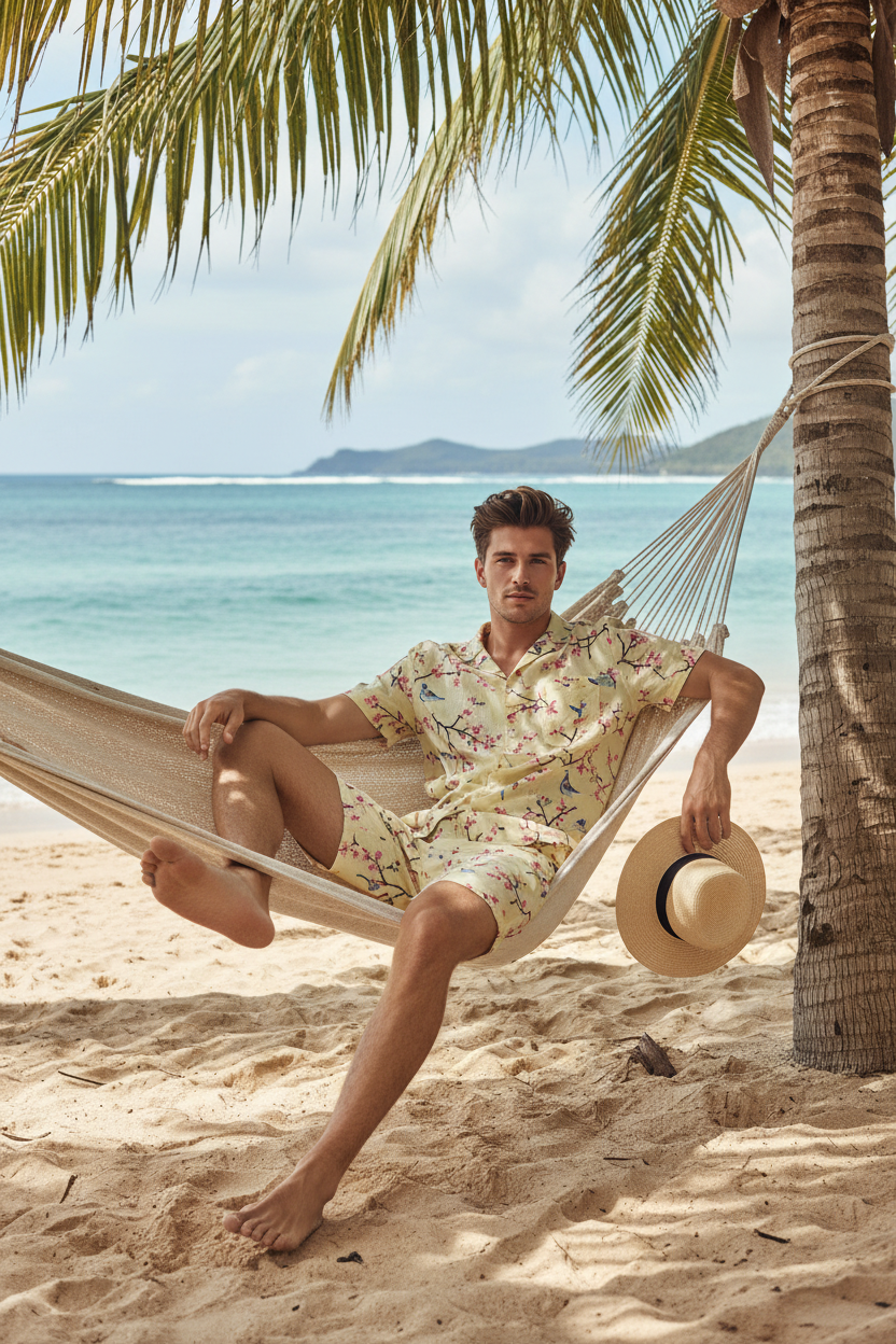 Man wearing yellow short set relaxing in hammock