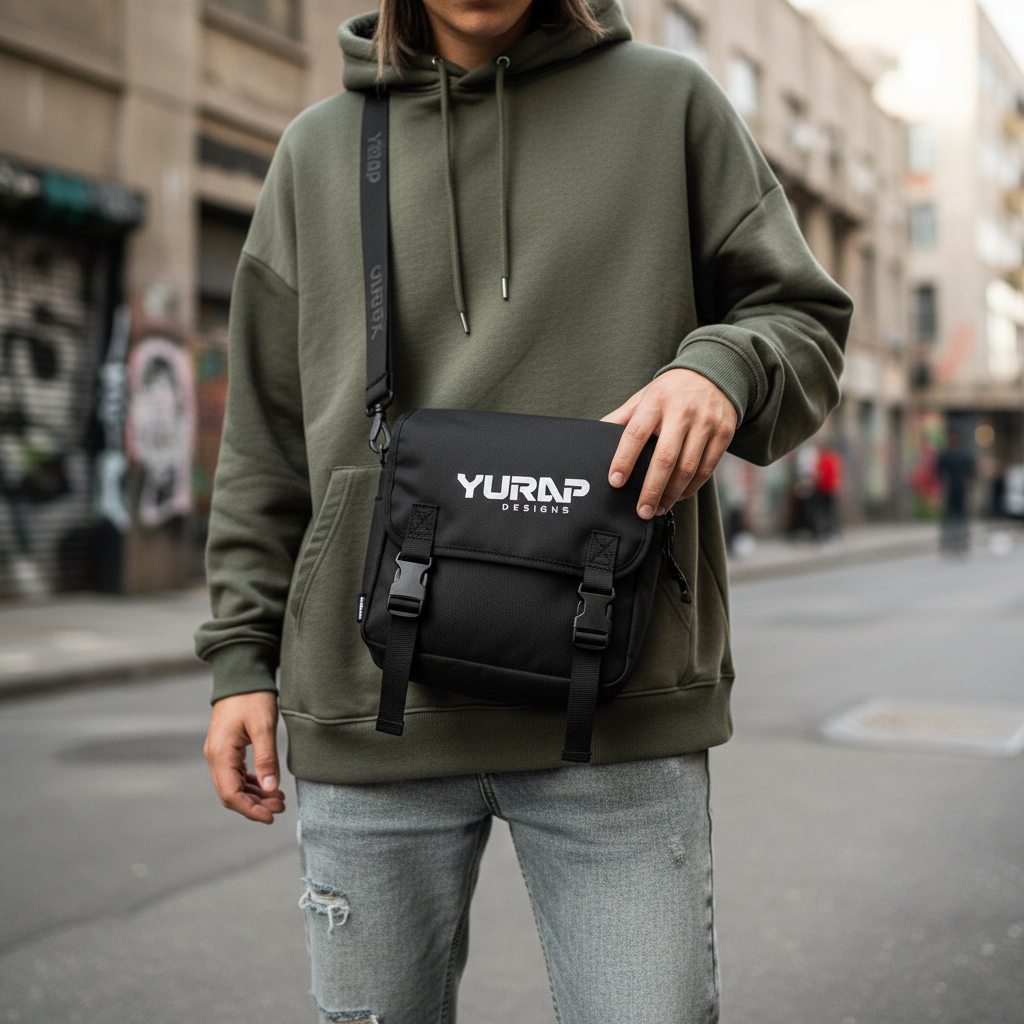 Yurap Designs crossbody bag small messenger bag worn across body in urban setting