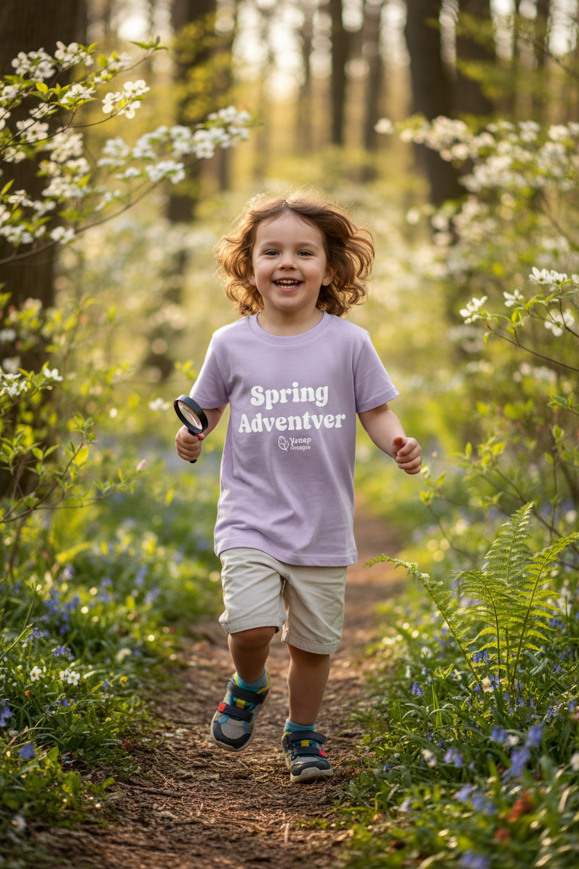 Child wearing Spring Adventurer tee exploring forest trail