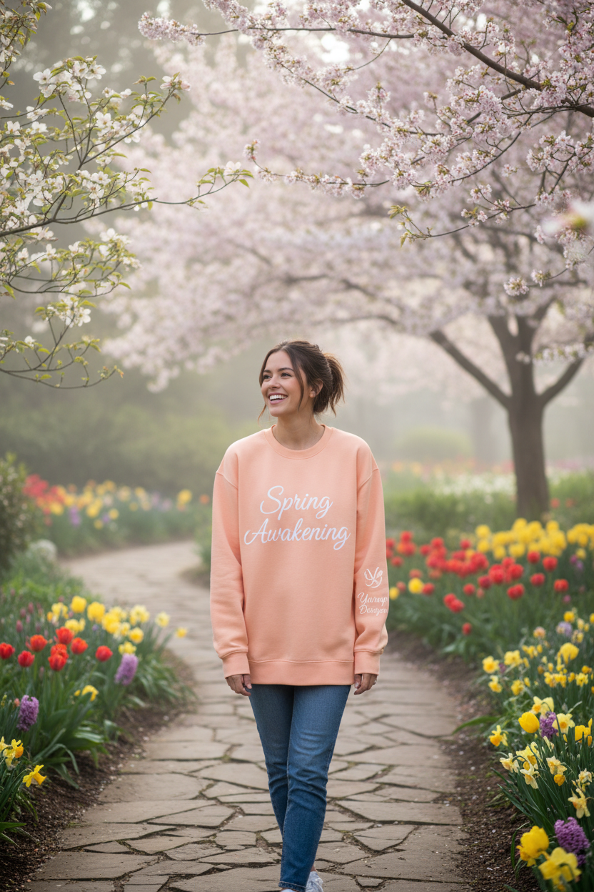 Model wearing Spring Awakening crewneck in spring garden