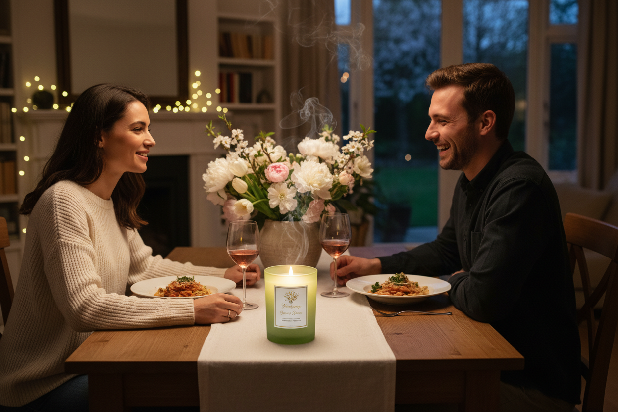 Couple with spring candle at dinner