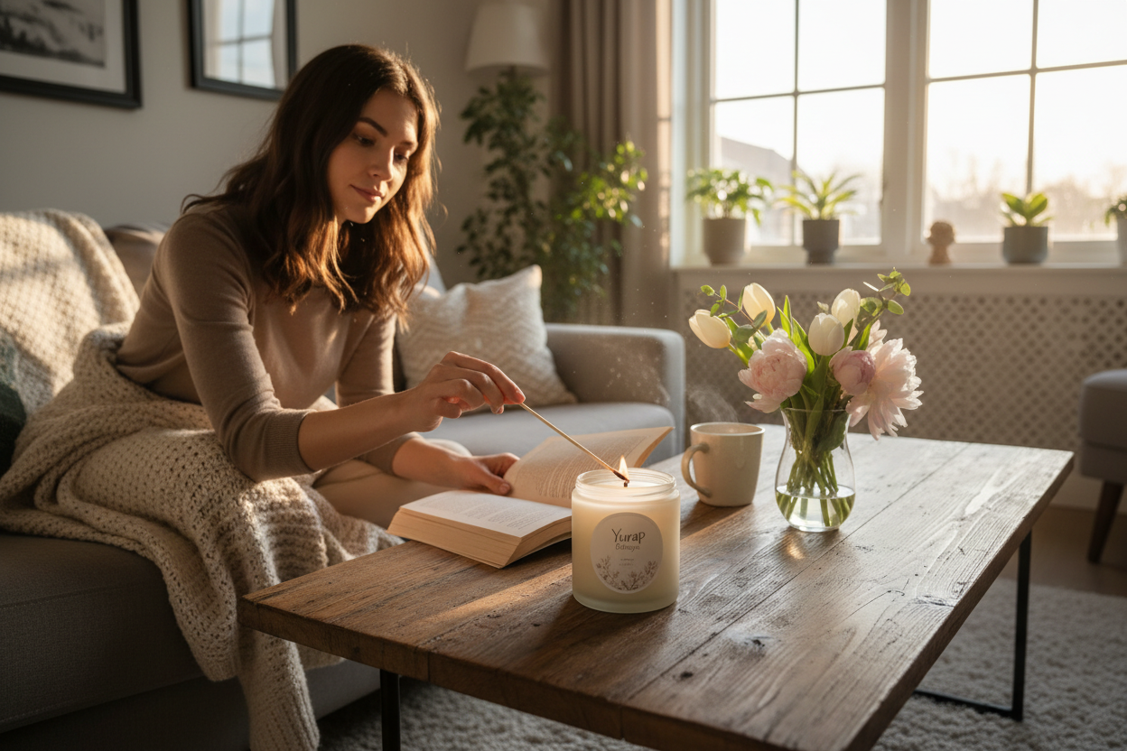 Woman lighting spring scented candle