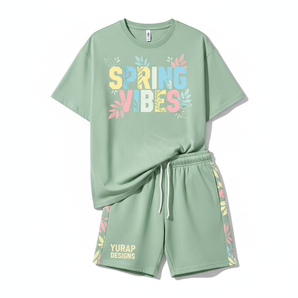 Spring Vibes men's pastel sage green short set front view