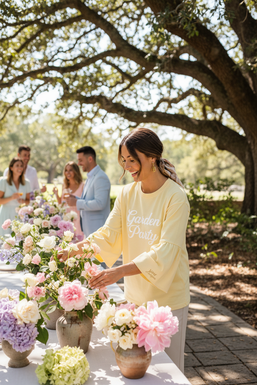 Model wearing Garden Party long sleeve at garden party