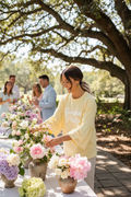 Model wearing Garden Party long sleeve at garden party