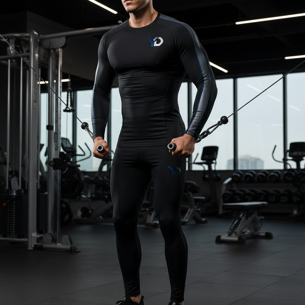 Yurap Designs black compression shirt long sleeve with logo in gym setting