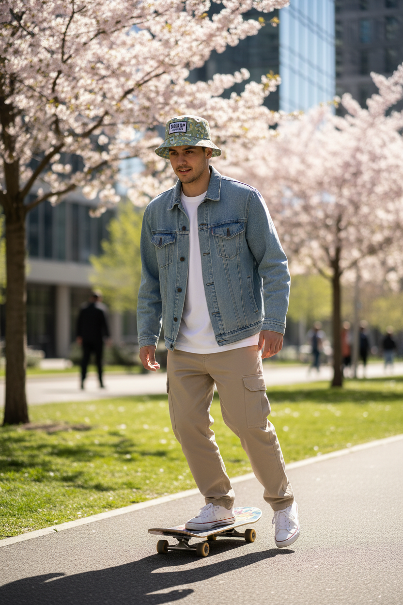 Man wearing Spring Explorer bucket hat skateboarding