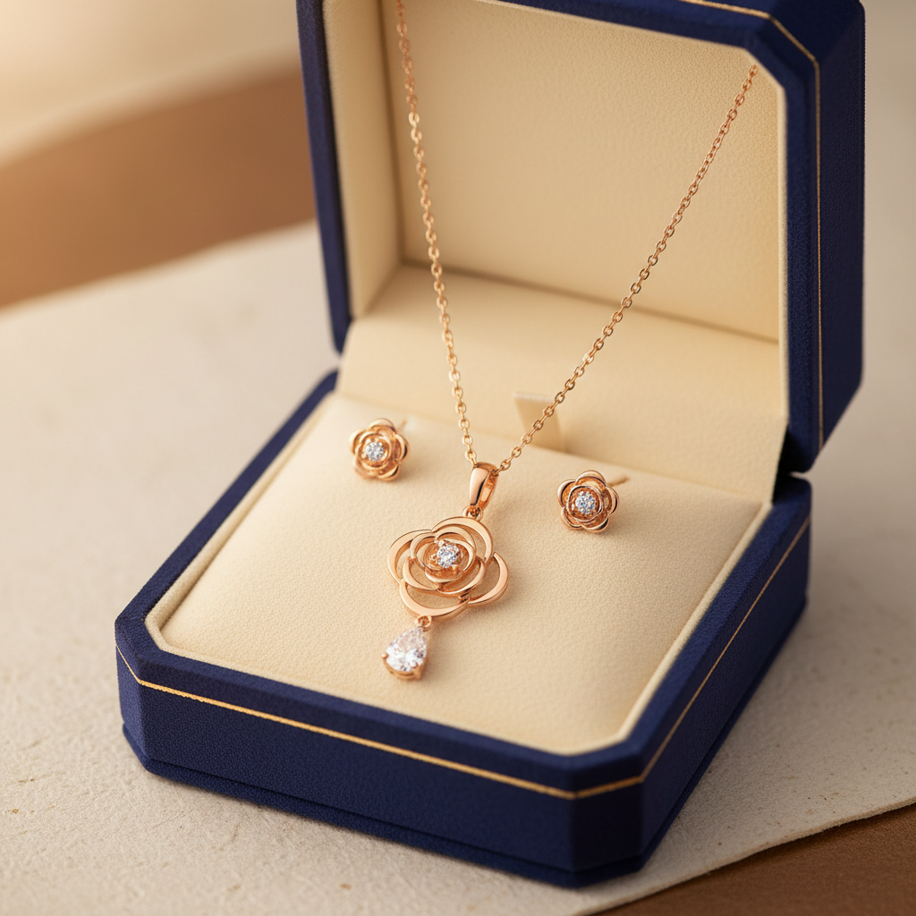 Rose gold jewelry set with earrings and necklace in gift box