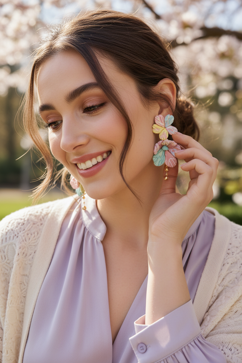 Woman wearing spring floral earrings