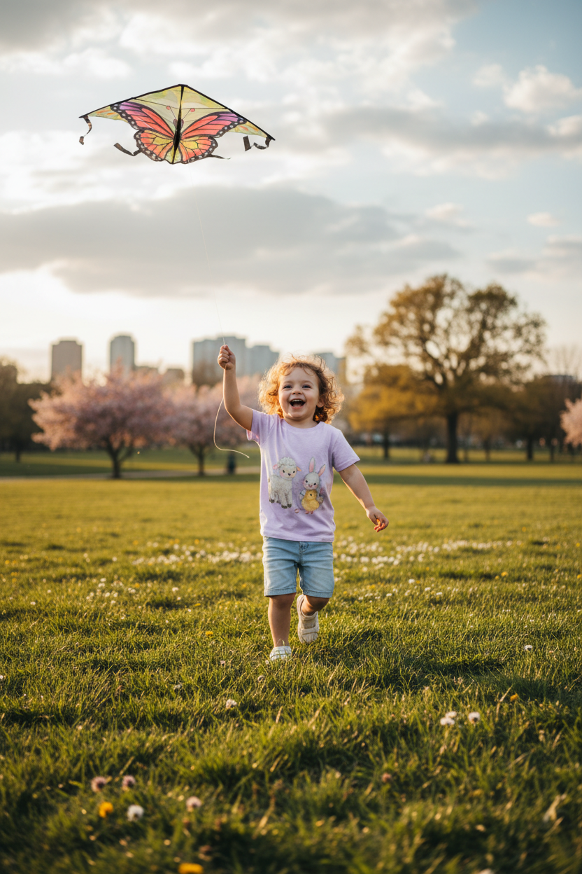 Child wearing lavender tee playing with kite