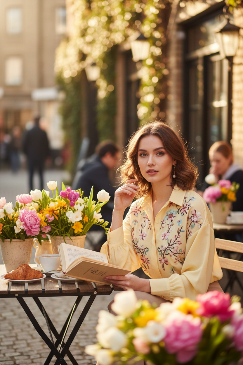 Model wearing yellow long sleeve at outdoor cafe