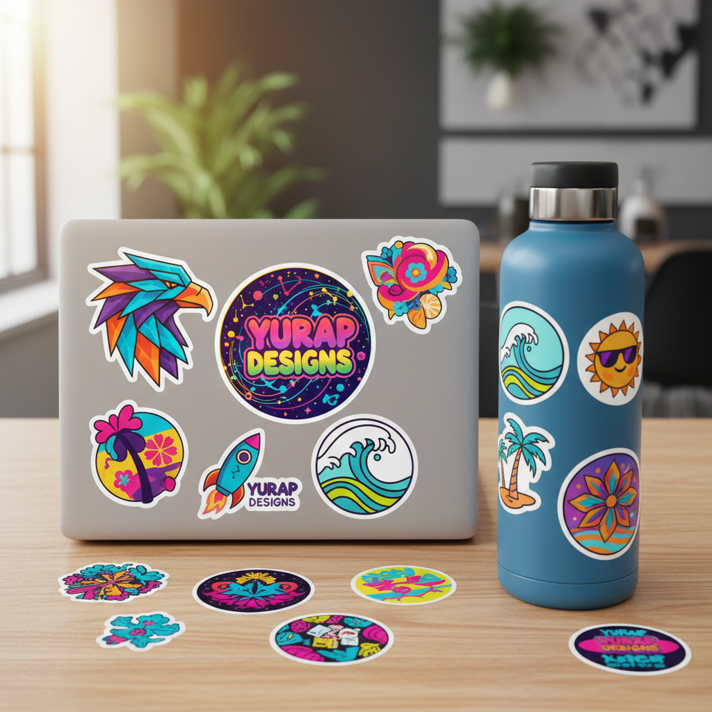 Yurap Designs sticker pack with multiple logo designs on laptop and water bottle