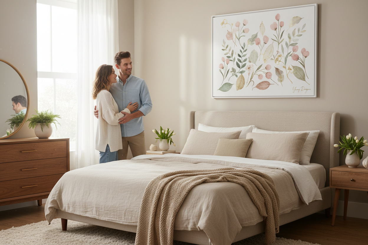 Couple admiring spring wall art
