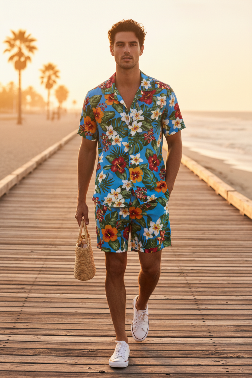 Man wearing floral short set on boardwalk at sunset