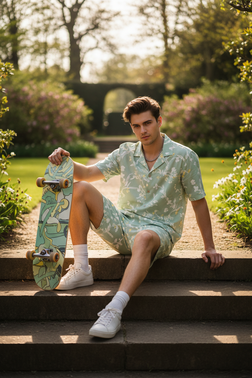 Man wearing sage green short set relaxing with skateboard